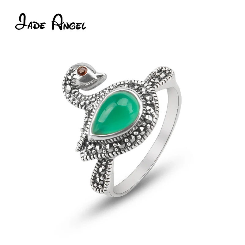 Jade Angel Sterling Silver 925 Multi-colored Chalcedony Swan Rings for Women Marcasite Finger Ring Fine Jewelry for Festival