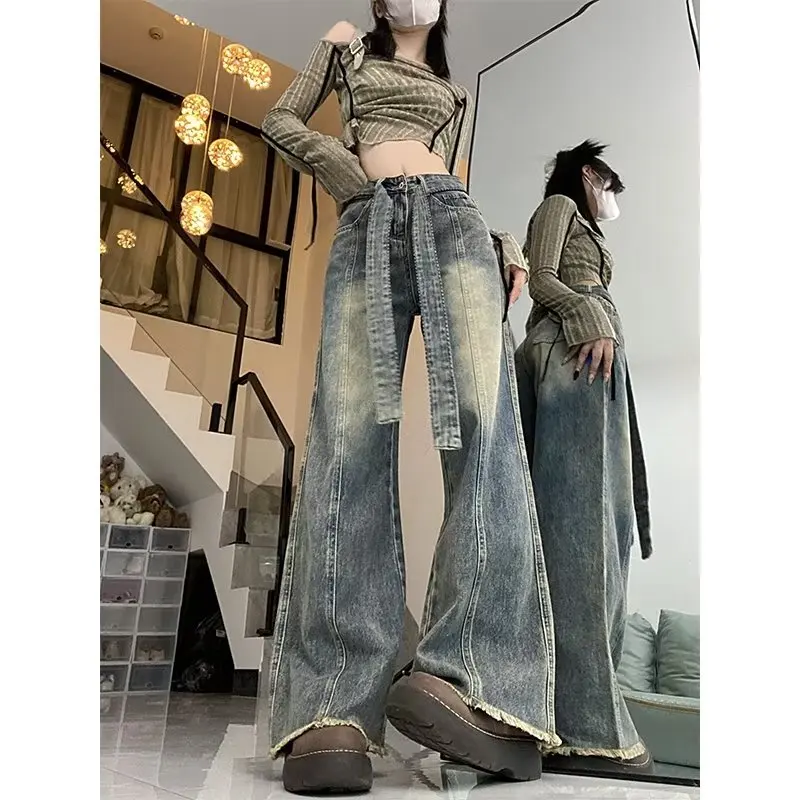 Vintage American Style Jeans Wide Legs High Waist Floor Mopping Jeans Straight Denim Trousers Fashion Casual Trousers Stay Comfo