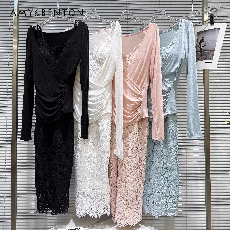 

2026 Spring New Sweet Elegant V-neck Cross Long Sleeve T-shirts European American Design Sexy Lace Sling Dresses Sets Ladies