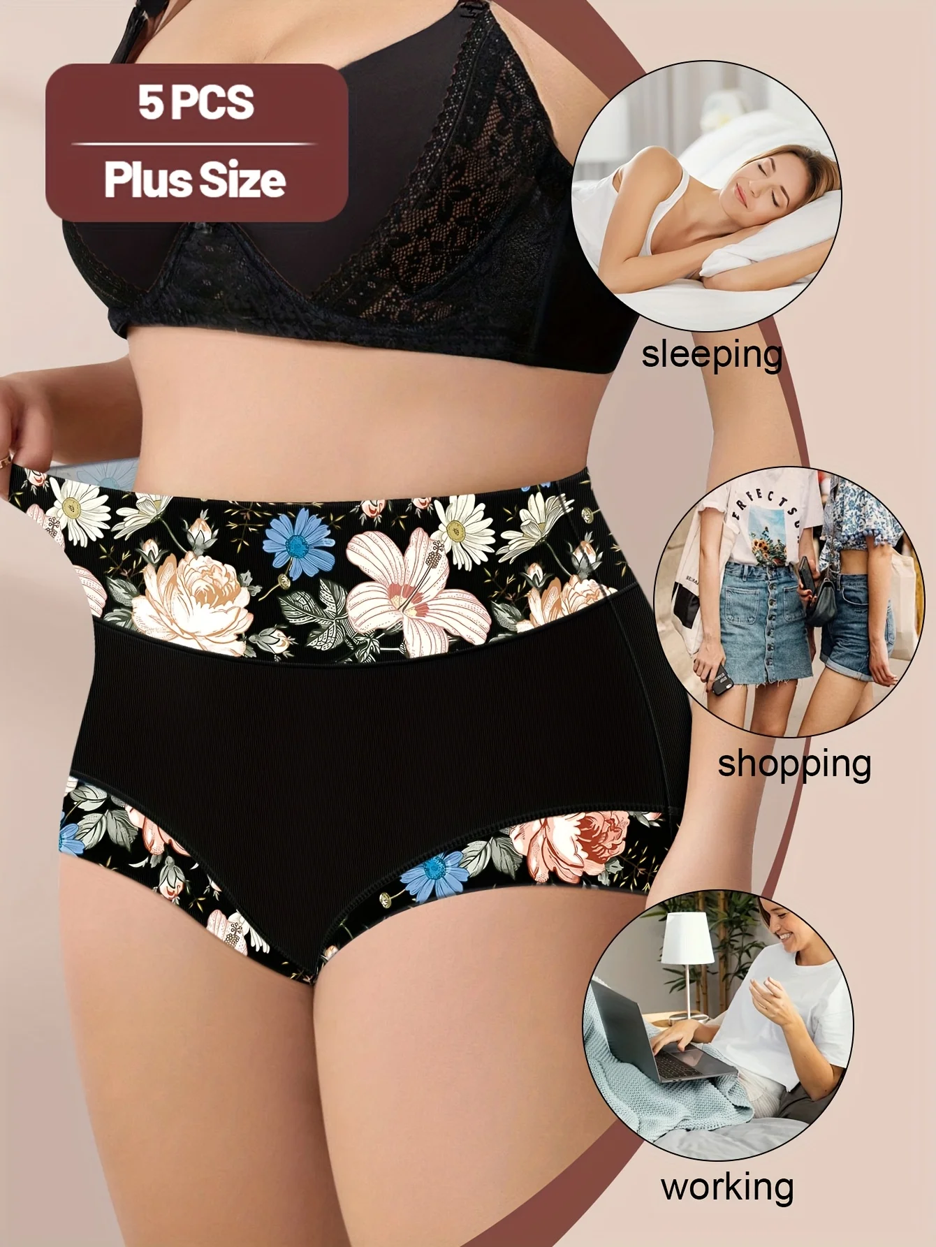 Pack of 5 Plus-Size High-Waisted Women'S Underwear with Tummy Control And Lift, Featuring a Comfortable Fit And Printed Design.