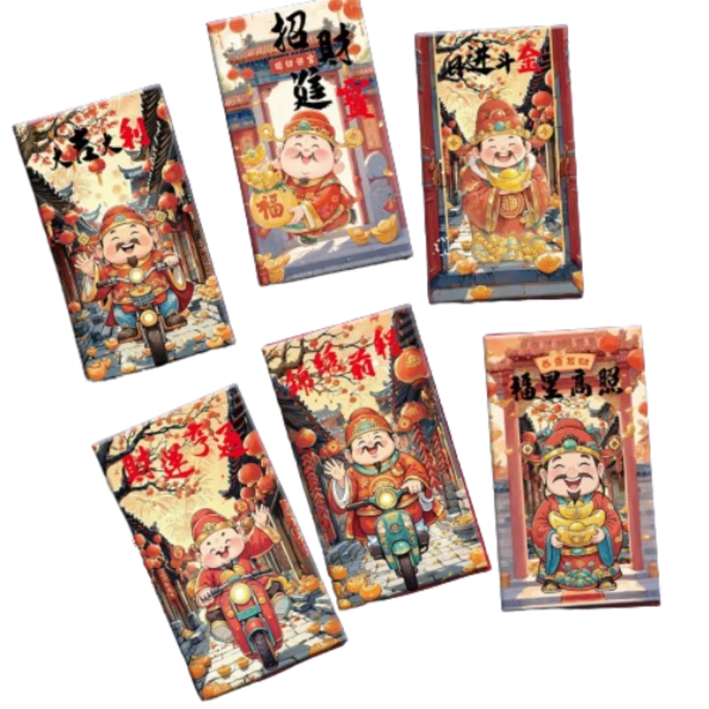 

6pcs Cartoon New Year Red Envelopes Traditional Blessing God of Wealth Money Pocket Hongbao Chinese Style Gifts Packing Bags