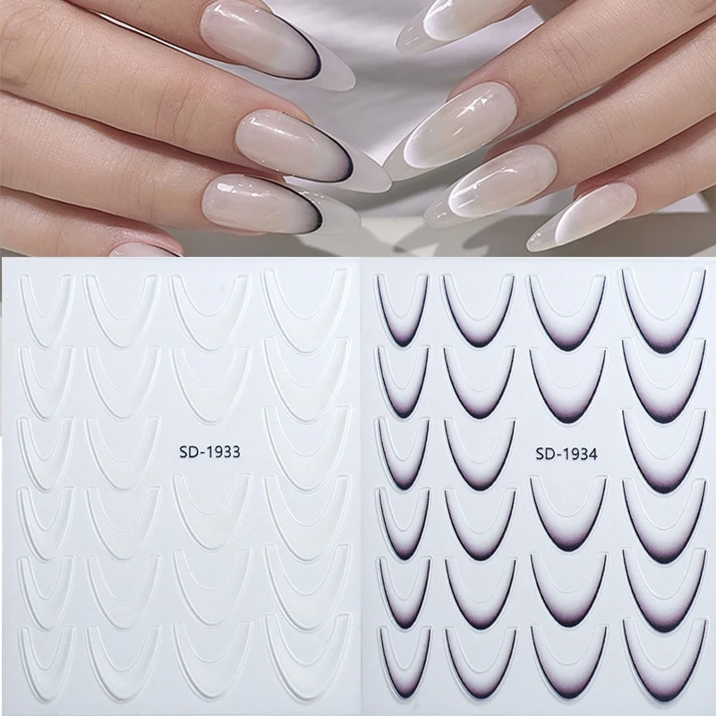 Nero Bianco Linea francese Adesivi per nail art Linea di colore sfumato 3D Punta per unghie francese Stencil Decalcomania Cursore per manicure autoadesivo