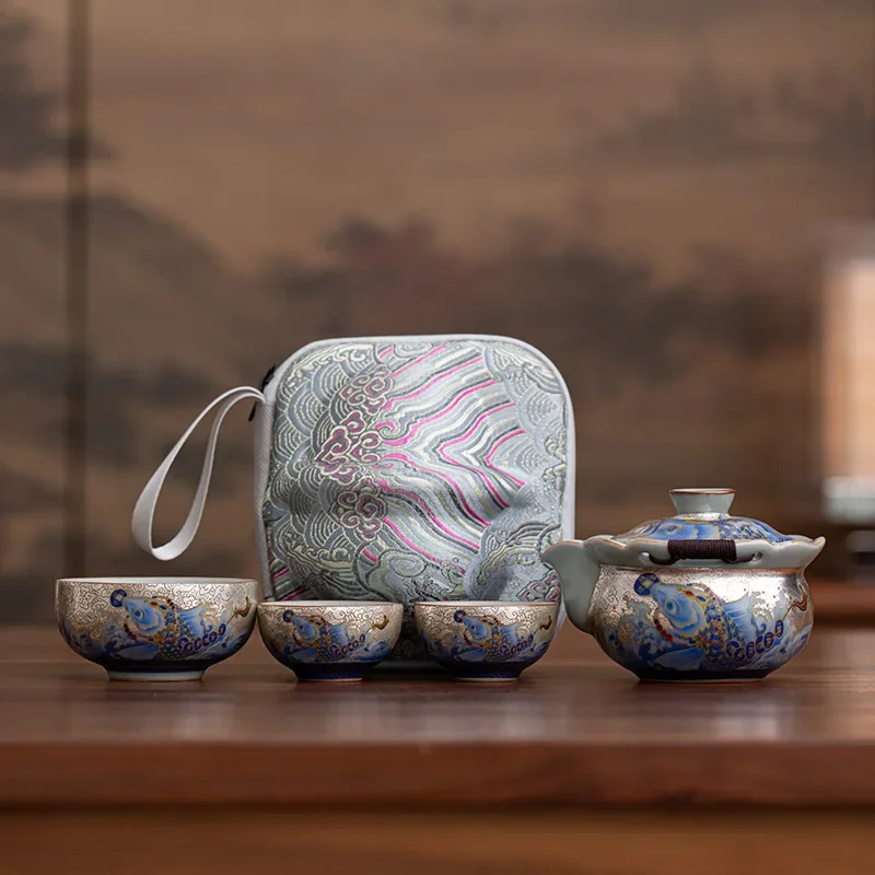 Silver Carp Travel Kung Fu Tea Set One Pot Three Cups Home Teapot Multicolor Teacup Outdoor Camping Equipment Tea Ceremony Gift