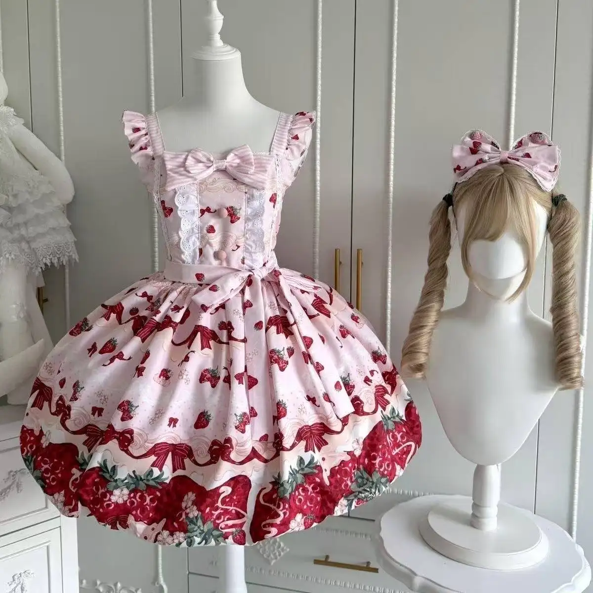 Japanese Style Kawaii Lolita Strap Dress Girls Jsk Lace Y2K Fashion Sleeveless A‑line Dress Outfit Holiday Party Cosplay Dress