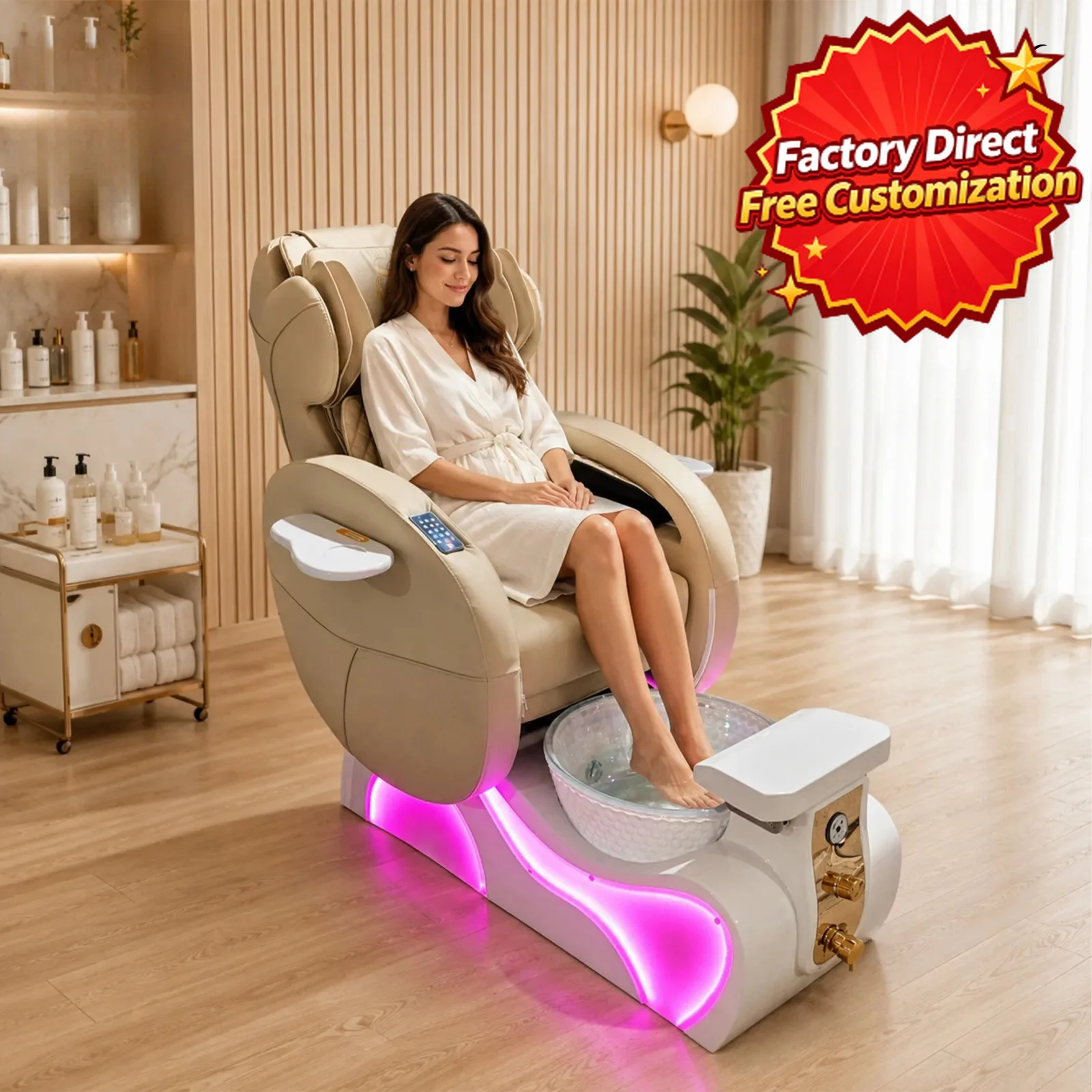 Luxury LED Pedicure Spa Chair Electric Adjustable Foot Massage Glass Basin PU Leather Manicure Station for Esthetician Salon Spa