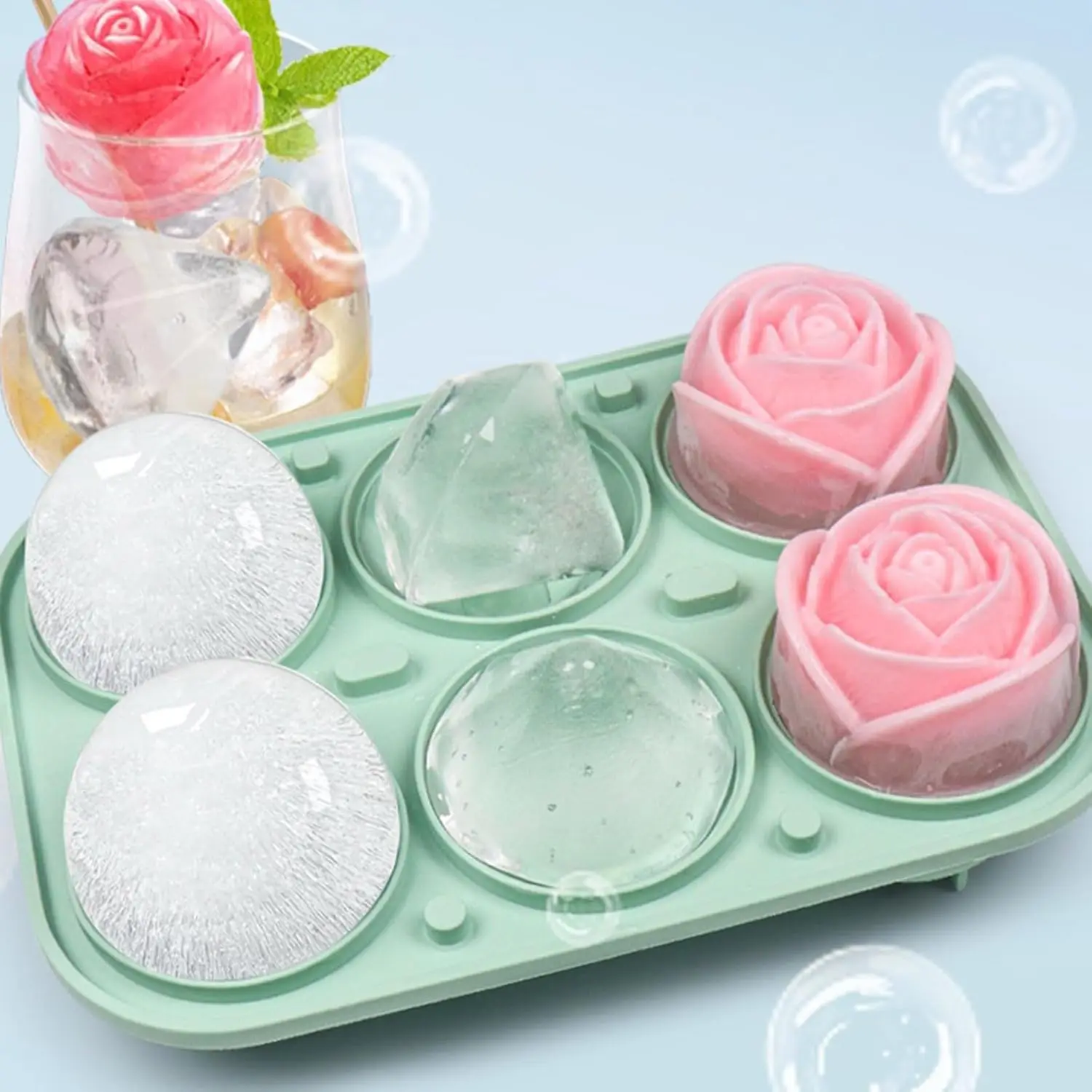 2026 Large Ice Tray with Lid Silicone Rose Diamond Round Sphere Mold Easy Release for Whiskey Cocktails Bourbon Drink Tool