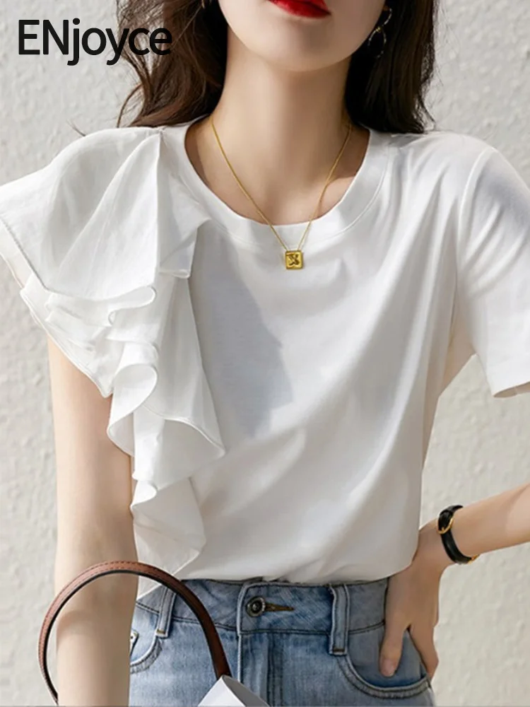 

ENjoyce Summer Women Vintage Irregular Ruffle Short Sleeve T-Shirts Korean Fashion Slim Pullover Tee Shirt Top