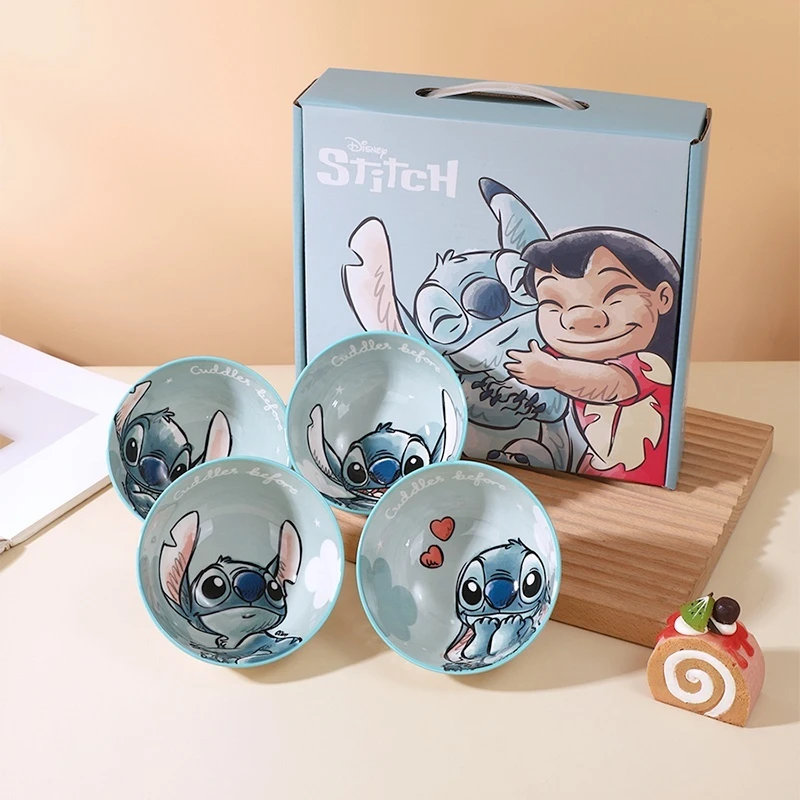 

Cute Cartoon Anime Peripheral Stitch Doll Model New Winnie The Pooh Snoopy Striped Bowl 4-Piece Set Home Ceramic Bowl Gift
