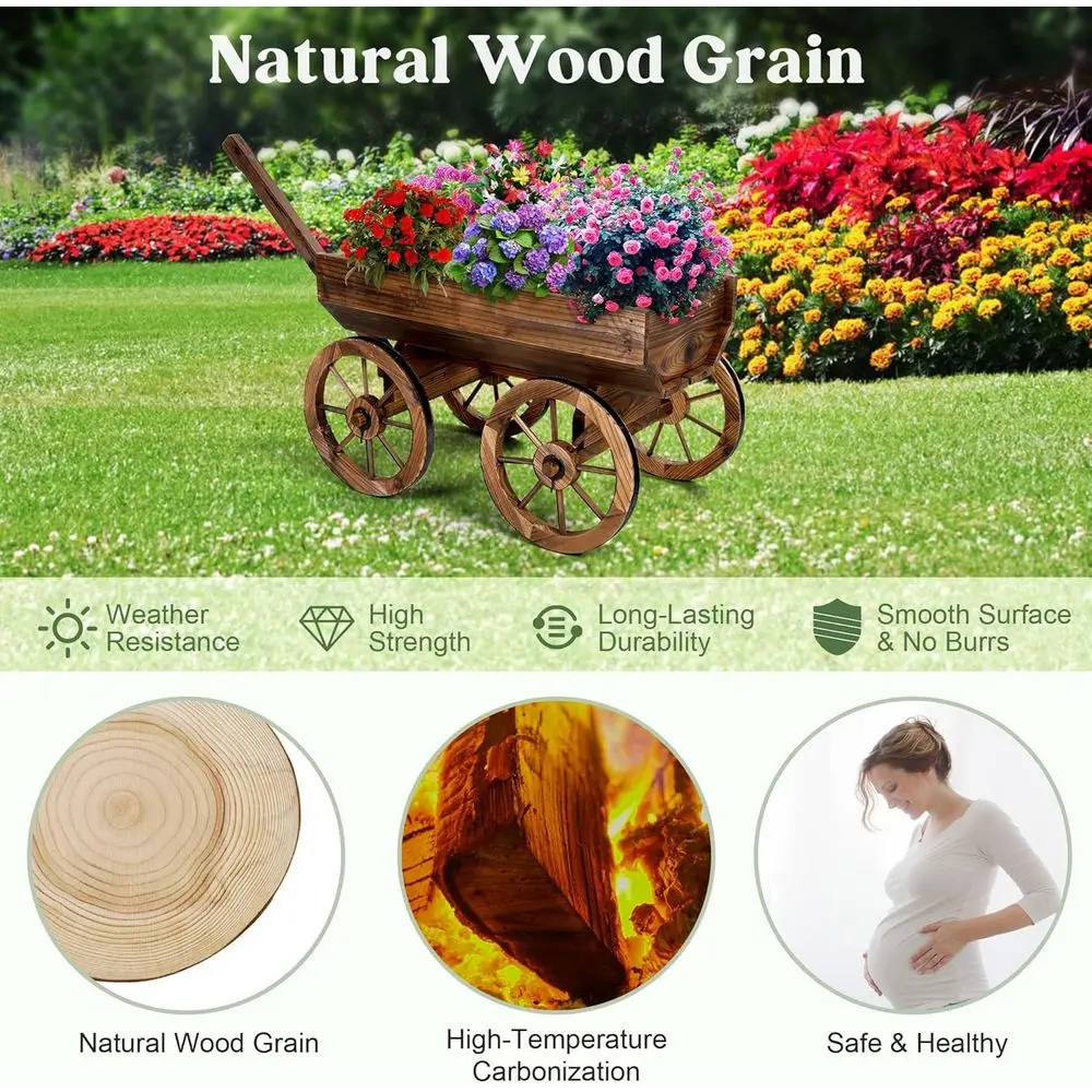 素朴な屋外木製プランターワゴン（車輪付き、バルコニーガーデン装飾用）
