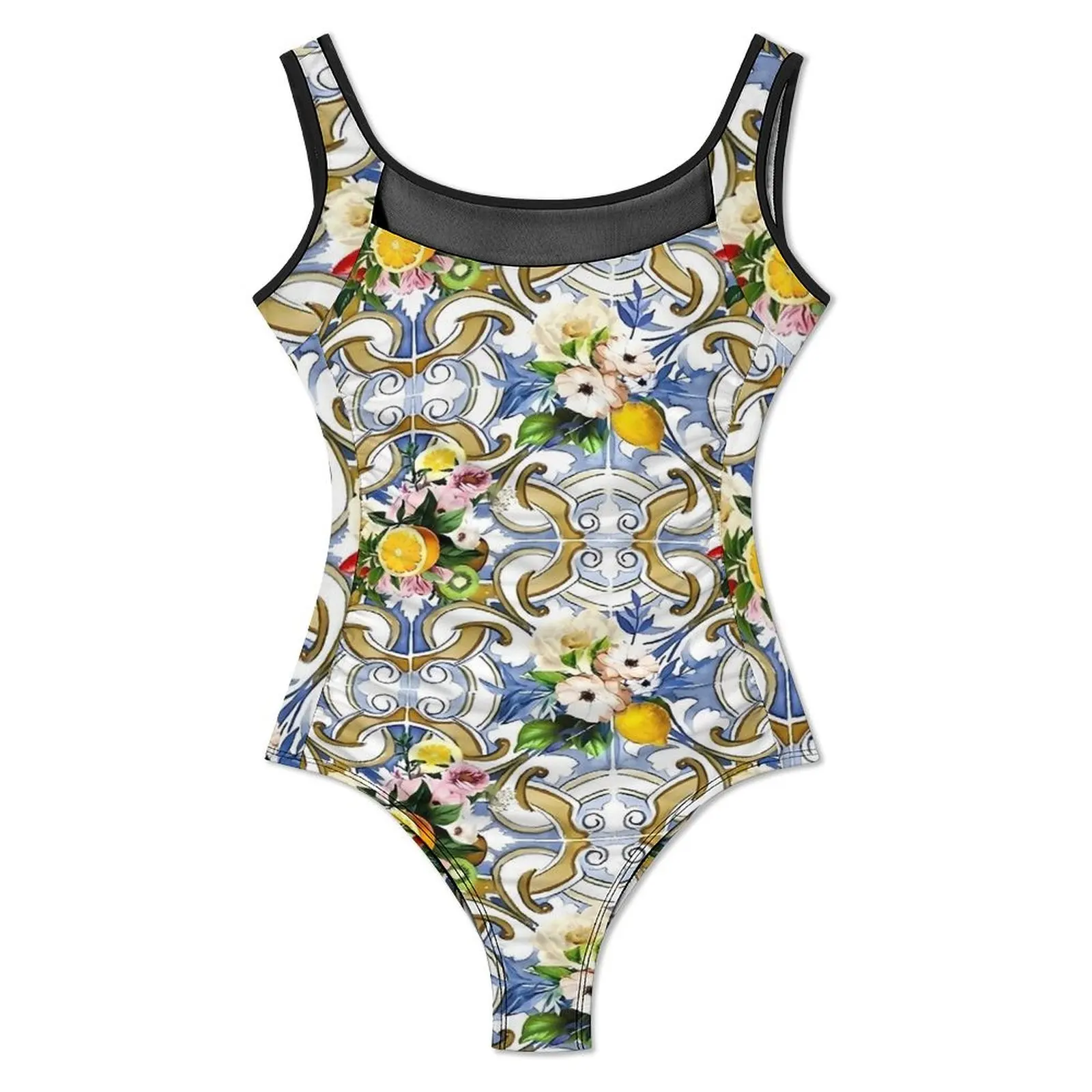 Lemon Retro Swimsuit Sexy Sicilian Tiles One-Piece Swimwear Push Up Bodysuit Novelty Sport Bathing Suit