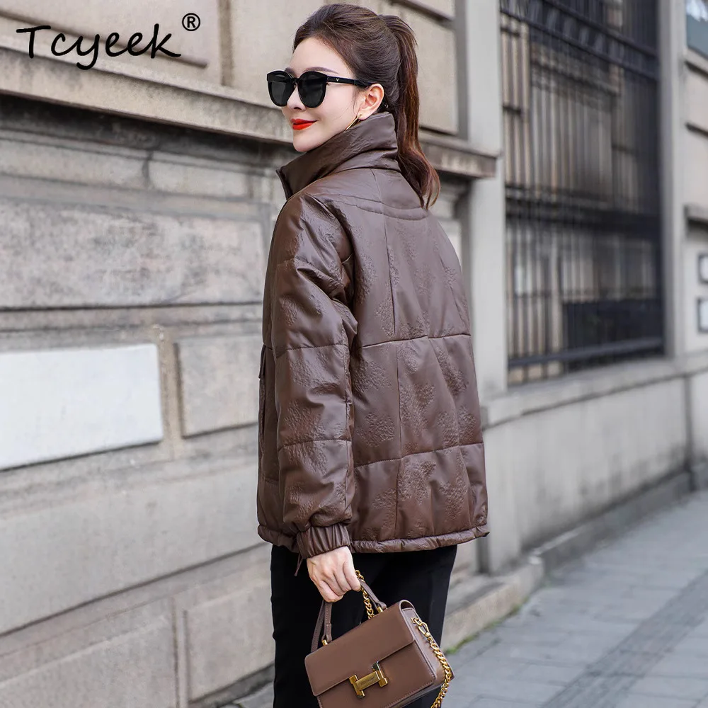 Tcyeek Sheepskin White Duck Down Autumn Winter High End Lapel Dark Brown Women's Genuine Leather Jacket Женская Кожаная Куртка