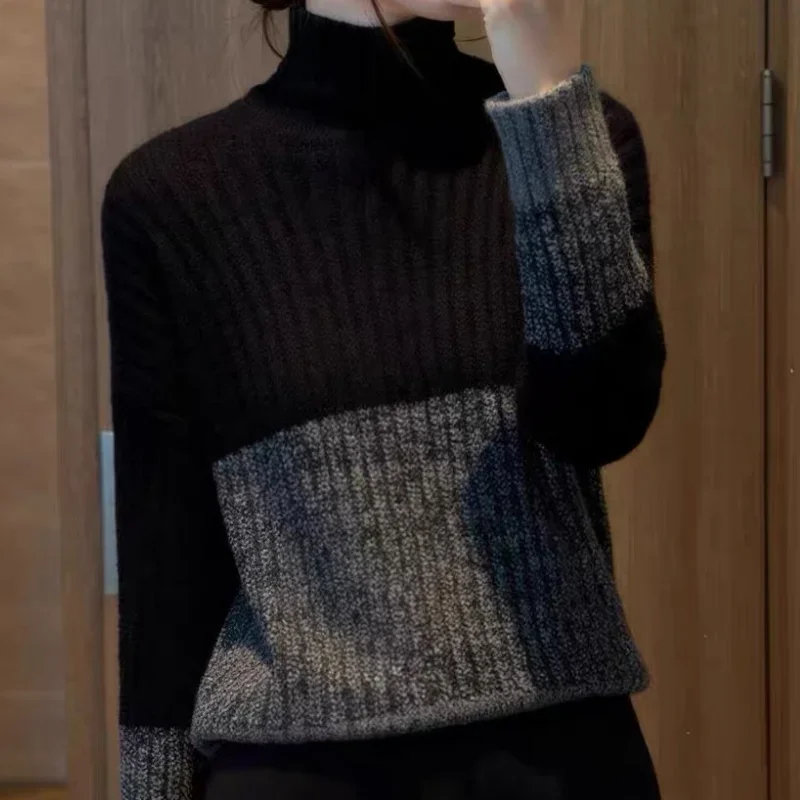 韓国ファッション タートルネック ニット プルオーバー レディース 2025 新作 秋冬 長袖 ラフ カラーブロッキング セーター カジュアル ジャンパー