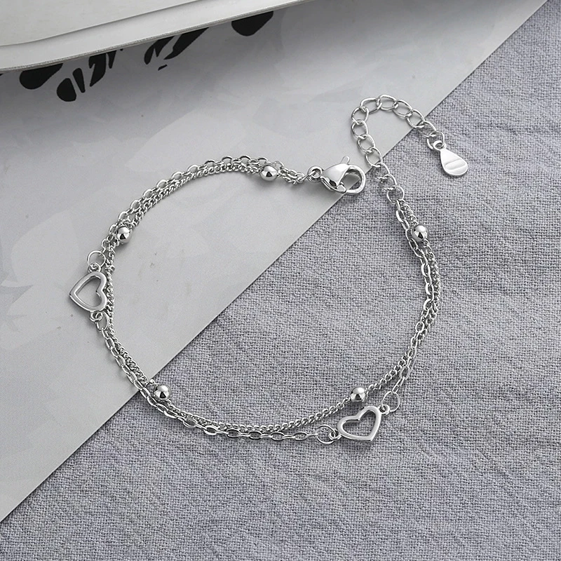 925 Sterling Silber Doppel-Liebesherz Hohle Runde Perlen Armband Damen Mode Romantischer Schmuck Klassisch Verstellbar – Detail 9