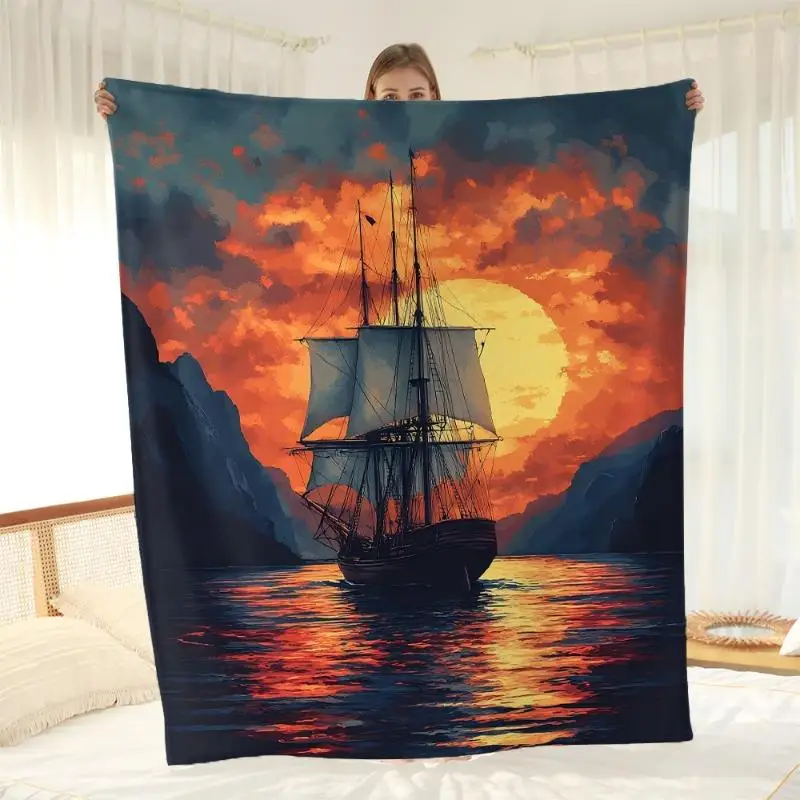Sailing sailboat sunset pattern Flannel printed blanket suitable for all seasons suitable for living room office sofa and travel