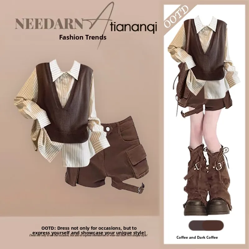 

2026 New Sle Slimming Knitted Vest Striped irt Casual High Waist orts Tee Piece Set Women's Faion Ensemble Autumn Wear