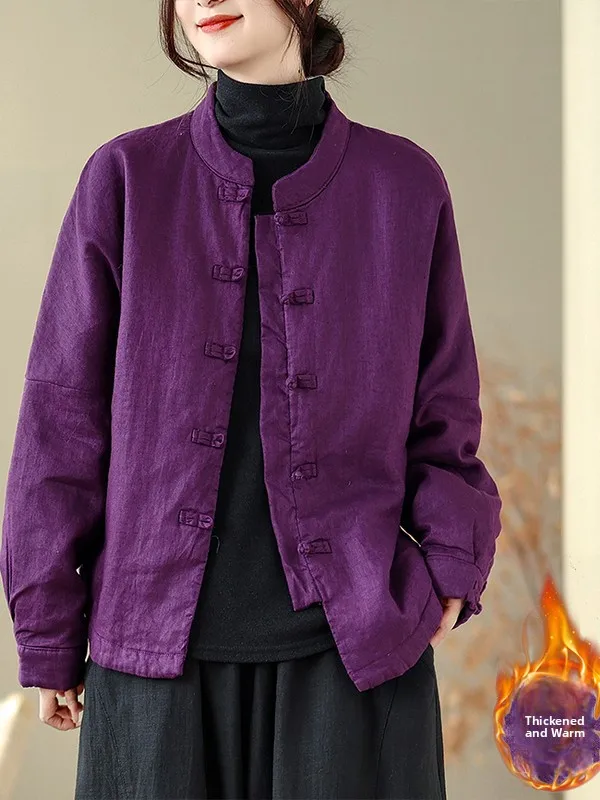 

Двухслойная одежда из чистого хлопка с воротником-стойкой на пуговицах Jaet в стиле ретро Sle, универсальная хлопковая одежда, верхняя одежда Ele Purple Tone