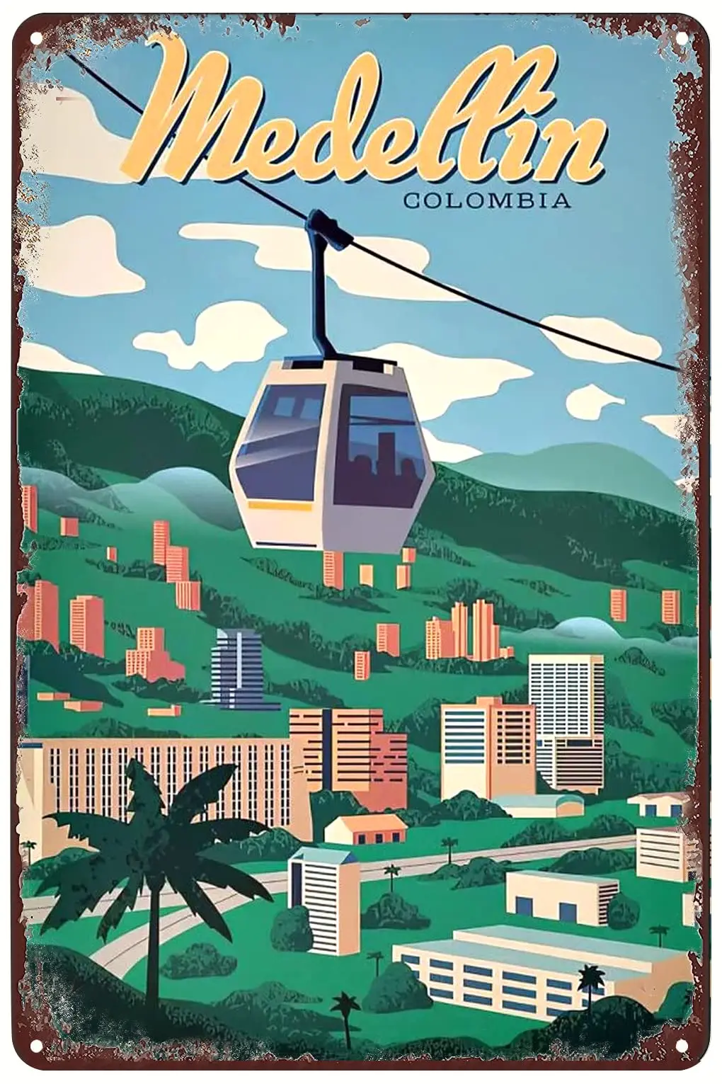 1PCS,Vintage Metal Signs Medellin Colombia Travel Poster City Trip Landscape Cable Car Tin Sign Wall Art Decor Plaque for Home B