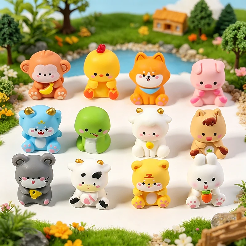 12 Mini Figuras de Animais do Zodíaco Chinês em Resina, Decoração de Mesa Fofa, Acessórios para Jardim de Fadas DIY, Conjunto de Miniaturas