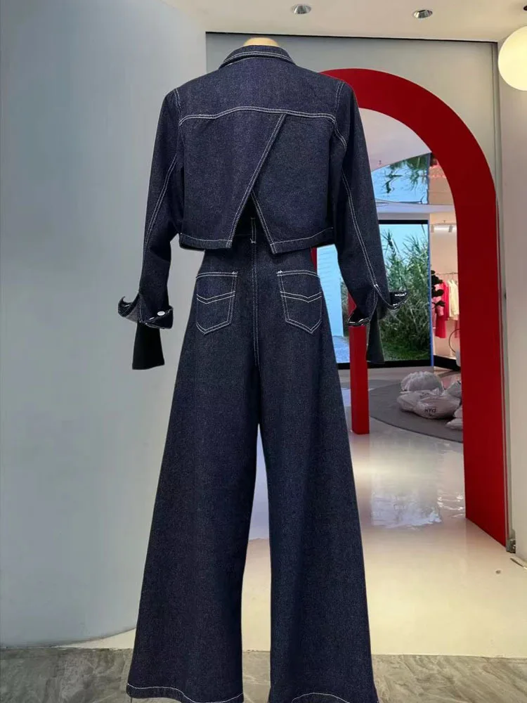 

Темно-синяя крутая рабочая одежда, куртка, широкие брюки, комплект, модные комплекты брюк, женский комплект из двух предметов, комплект из двух предметов для женщин