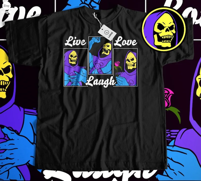 

Unisex Live Love Laugh With Skeletor T-Shirt - Vintage Cartoon Apparel