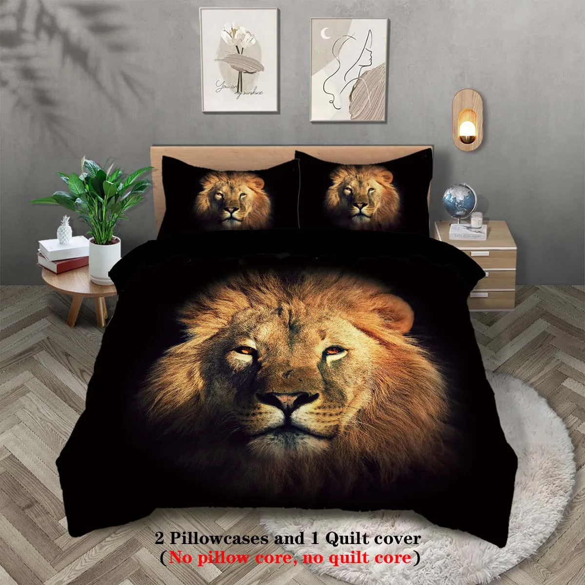 

3pcs Lion pattern printed Duvet cover set, queen, king, double bed, for kids and adults bedroom, hotel, soft and comfortable