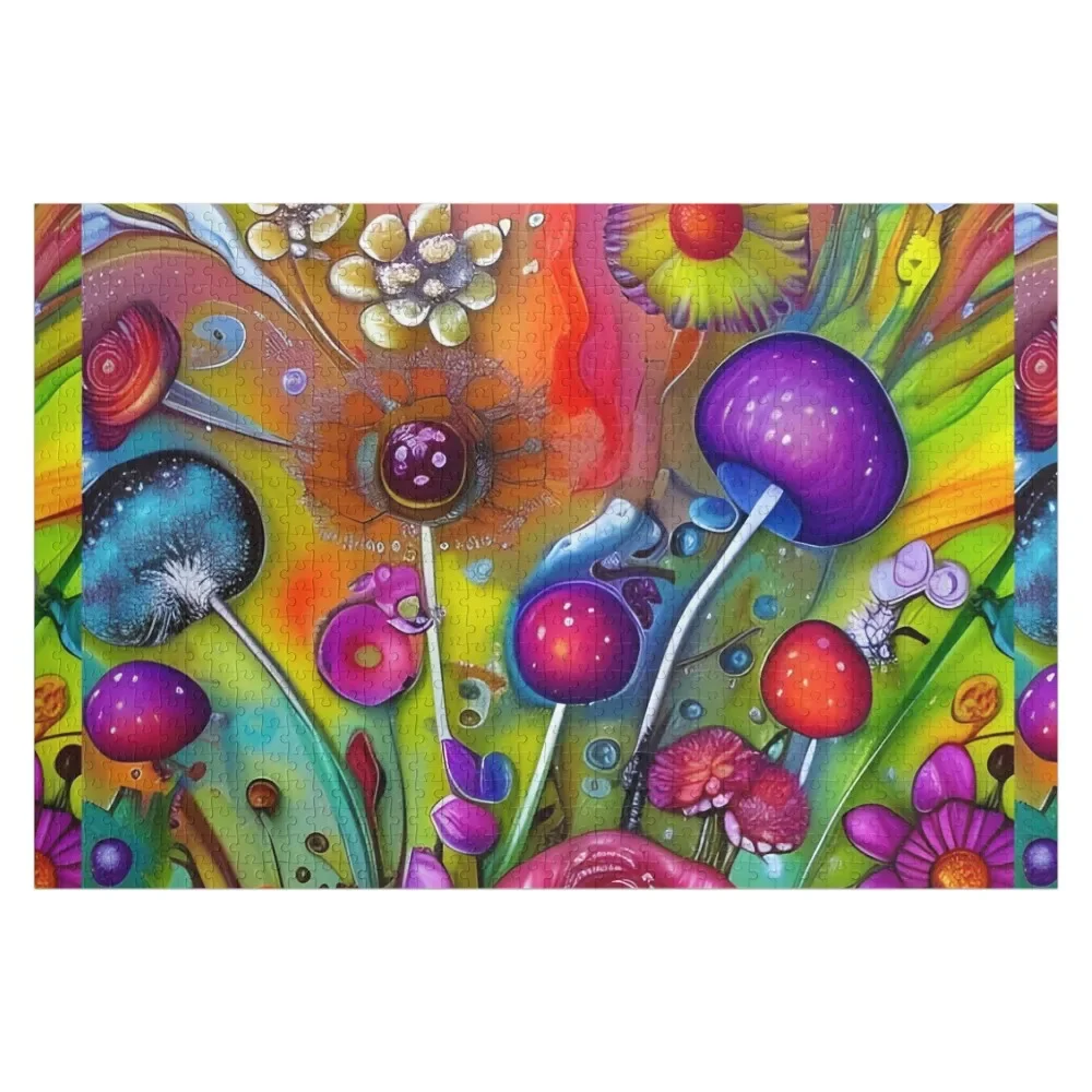 Mushrooms and flowers, colorful painting Jigsaw Puzzle Customs With Photo Wooden Animal Puzzle