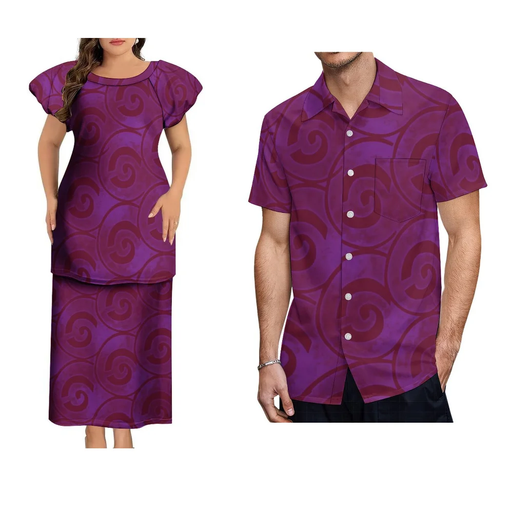 Ronde hals Polynesische Pletasi paar dubbellaags pak avondjurk aangepaste dames avondjurk Samoaanse paar pak heren shirt