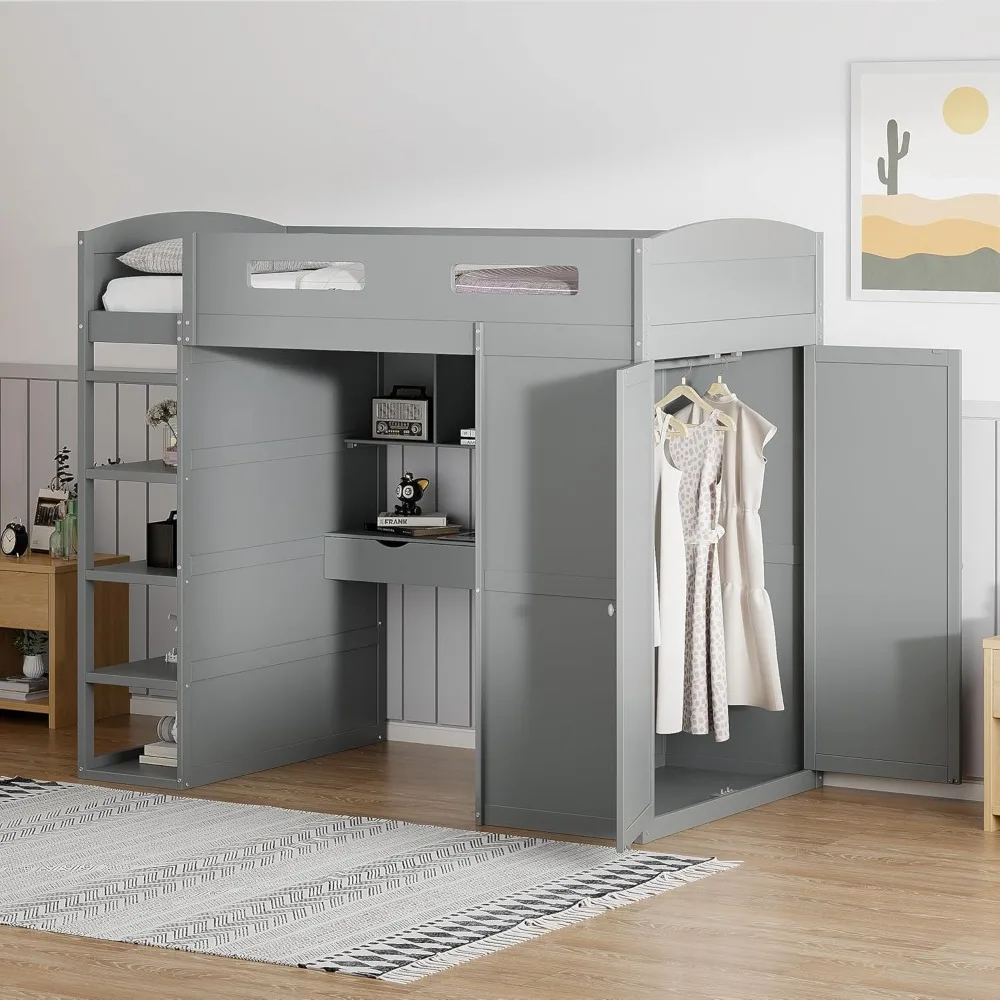 

Loft Bed, Twin Loft Bed with Desk, Wardrobe, 4 Drawers and 4 Shelves, High Fence, Built-in Ladder, Space Saving, for Bedroom