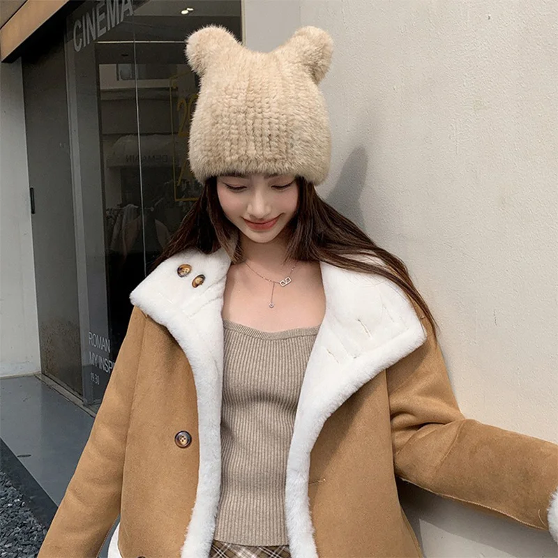 2023 New Women's Mink Hat Russian Winter Outdoor Thickened Sweet Cat Ear Warmth Hat Fashion Korean Fur Hat