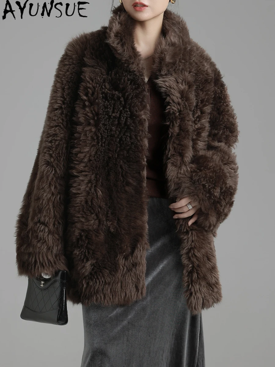 AYUNSUE 천연 양가죽 모피 코트 여성 미디 길이 진짜 가죽 재킷 따뜻한 진짜 모피 겨울 옷 여성용 2025