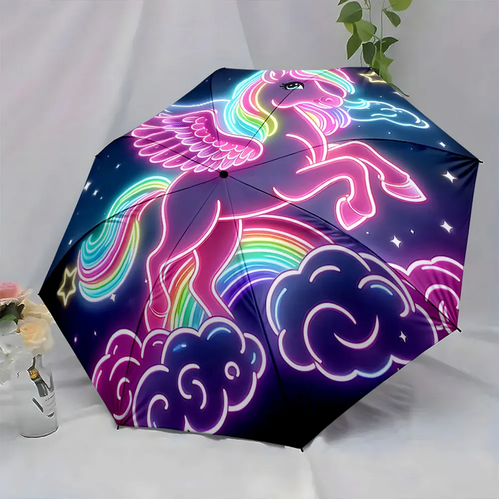 1PC Neon Unicorn Design Umbrella with Rainbow and Clouds Print 8 Iron Ribs Folding Umbrella Auto-Open Fashion Sunshade