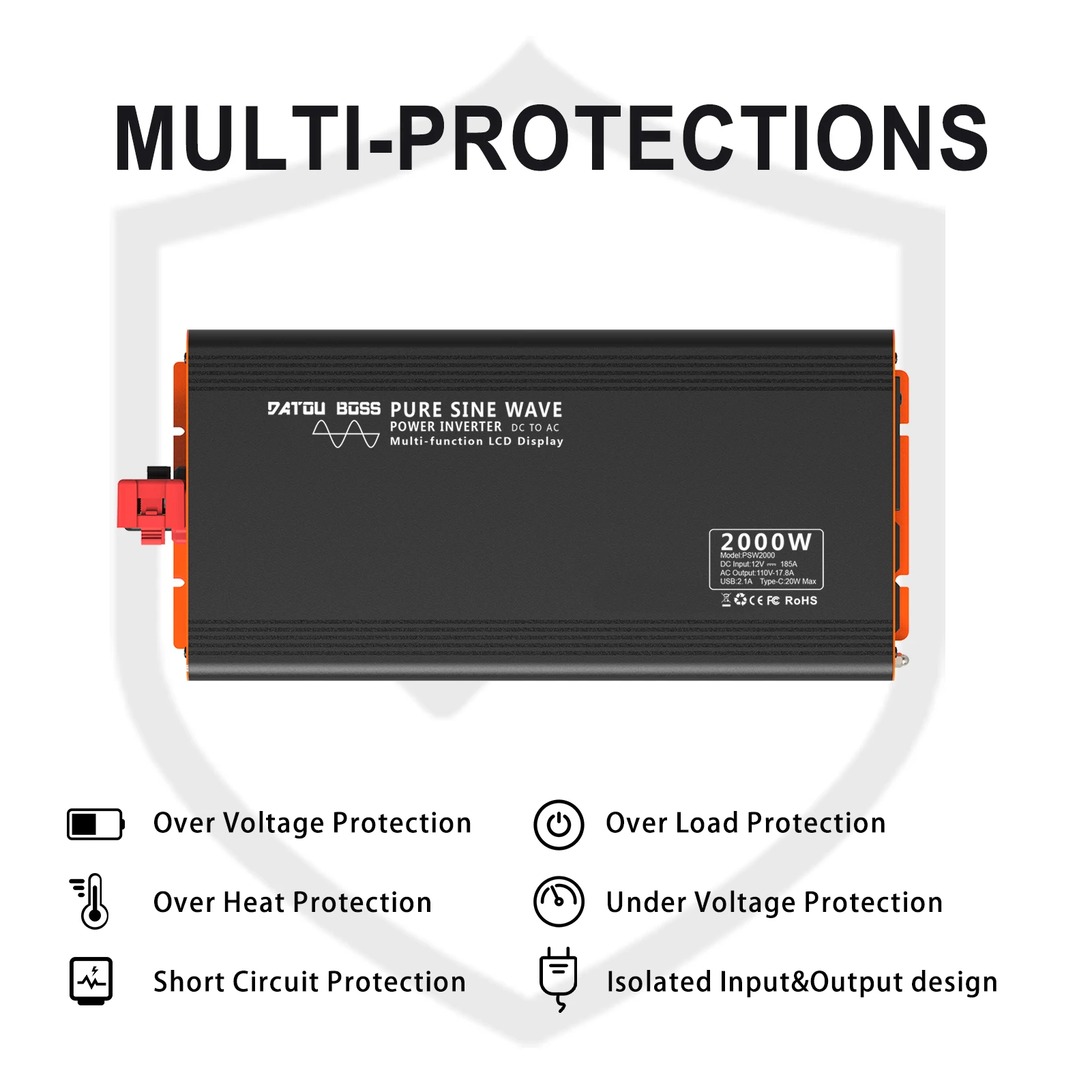 DATOUBOSS Pure Sine Wave Inverter US/JP 4000W DC 12V 24V 36V 48V 60V 72V to AC 110V 130V Power Inverter Continuous Power 2000W