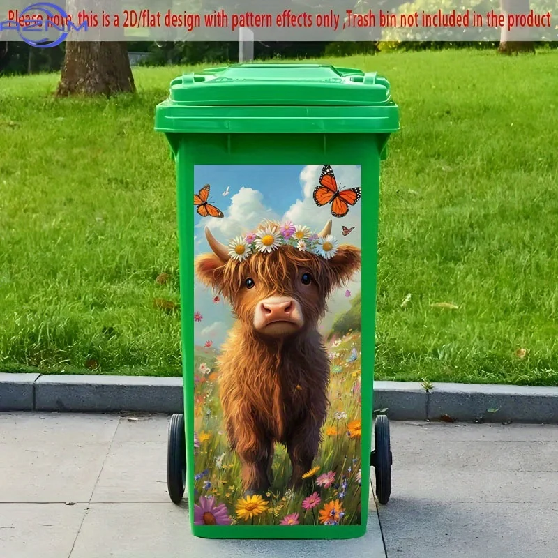 2D Flat Printing 1pc Trash Can Sticker, 37×82cm Daisy and Highland Cow Theme Design, Self-Adhesive Decorative Wallpaper for Ki