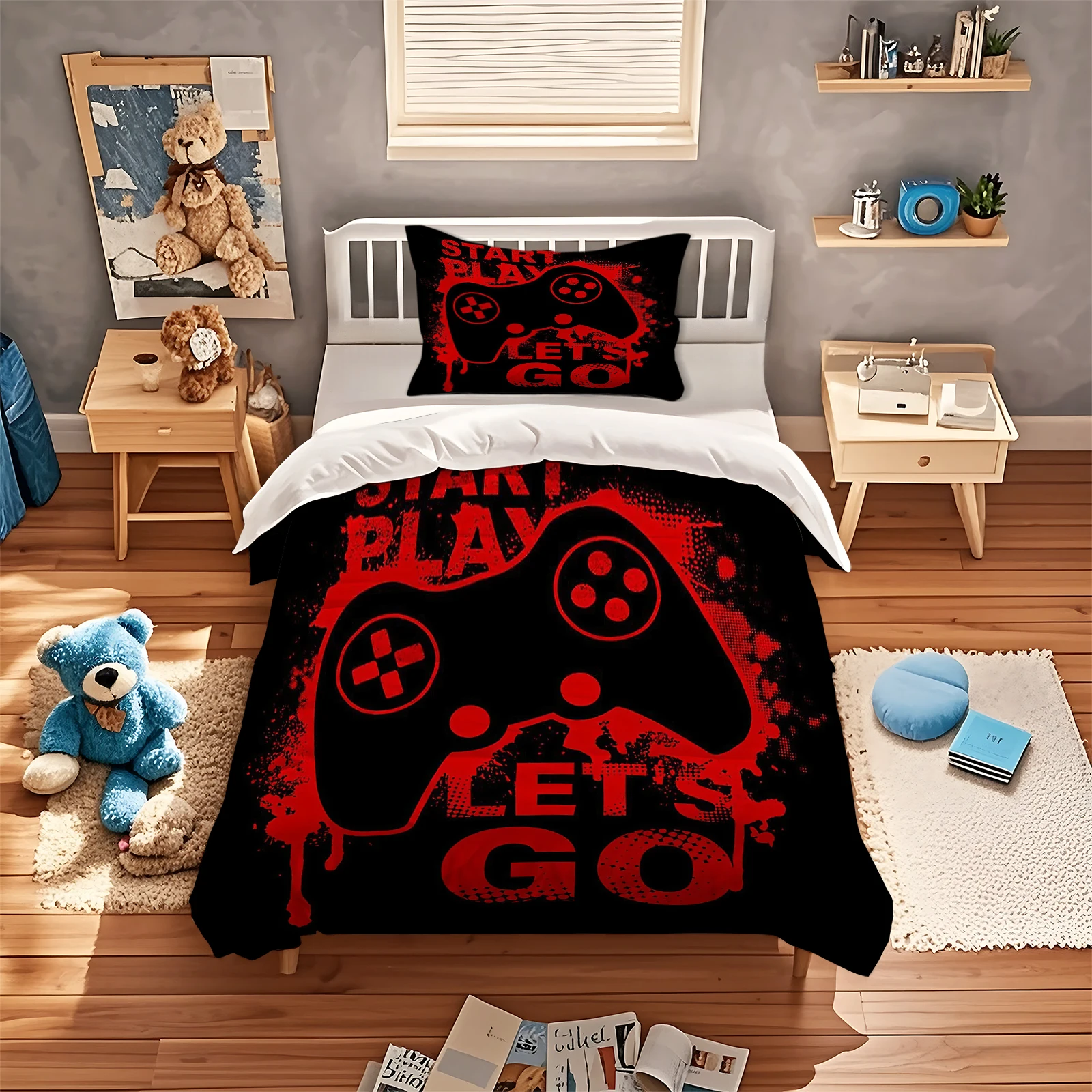 Gaming‑Themed Black Red Game Controller Duvet Cover Set LET'S GO Gamepad Bedding Set Soft Polyester Quilt Cover With Pillowcase