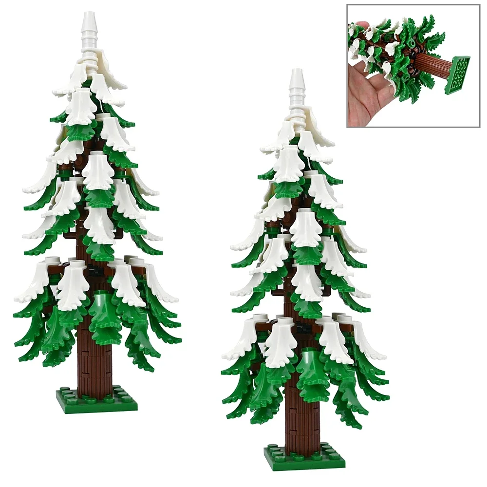 Winterlicher Tannenwald, schneebedeckte Gebäude, Bausteine, Tannenbaum, MOC, Pflanzenteile, Stadtstraßenszene, Landschaftsteile, 2682 Ziegel-Spielzeug – Detail 3