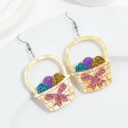 New Easter Glitter Basket Easter Egg Bow Earrings for Women Girls Lovely Acrylic Colorful Egg Dangle Earring Party Jewelry Gifts