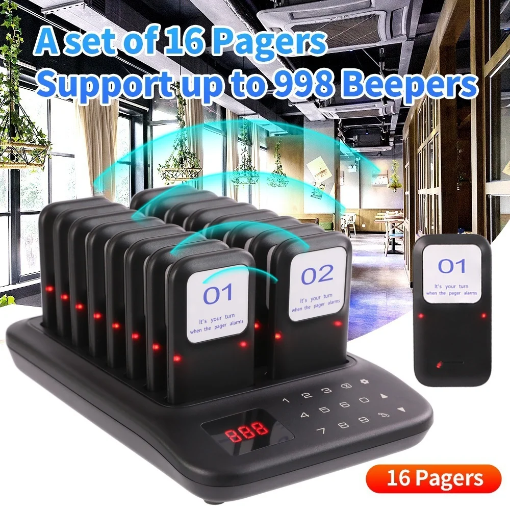 ระบบเพจเจอร์ร้านอาหาร, เพจเจอร์สําหรับร้านอาหาร, ระยะไกล 1,000 ฟุต, เพจเจอร์ 16 ตัวและเสียงบี๊บสําหรับรถบรรทุกอาหาร, บาร์, ร้านอาหาร