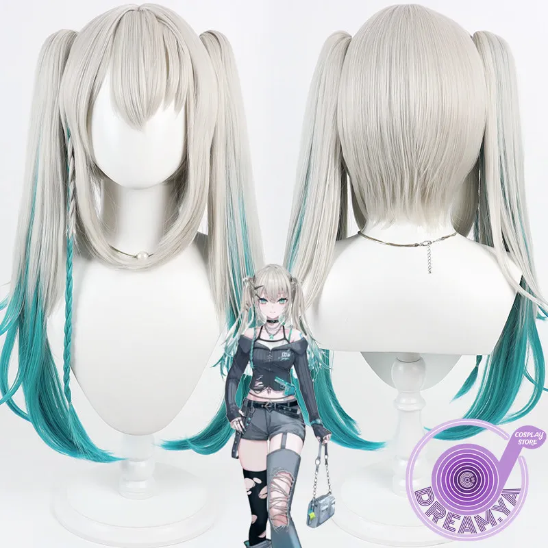 

Rei7 Cosplay Wig Vtuber Gray Green Long Ponytail Heat Resistant Synthetic Hair Halloween Party Role Play Carnival + Wig Cap