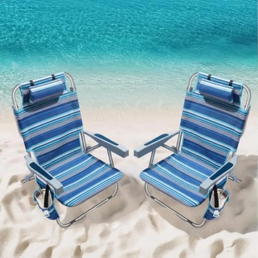 

Beach chairs for adults: portable 2-pack, blue stripe polyester fabric, lay-flat reclining with 5 positions, tall heavy-duty st