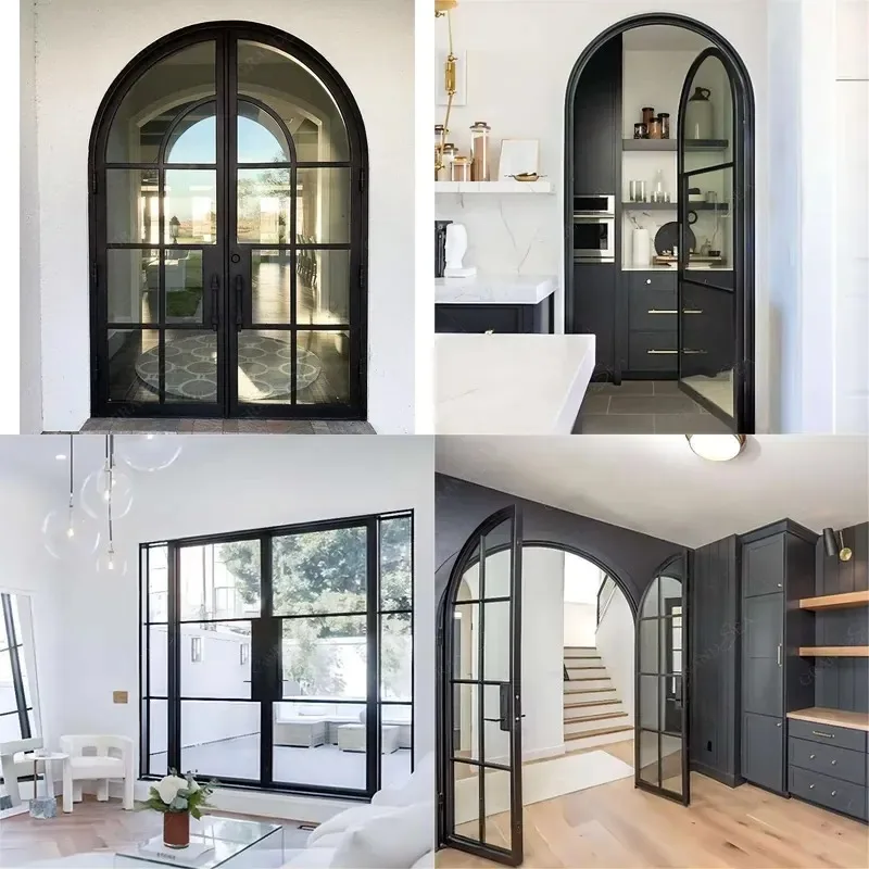 High Quality Modern Luxury Steel Framed Entrance Door with Double Wrought Iron Fiberglass Mesh