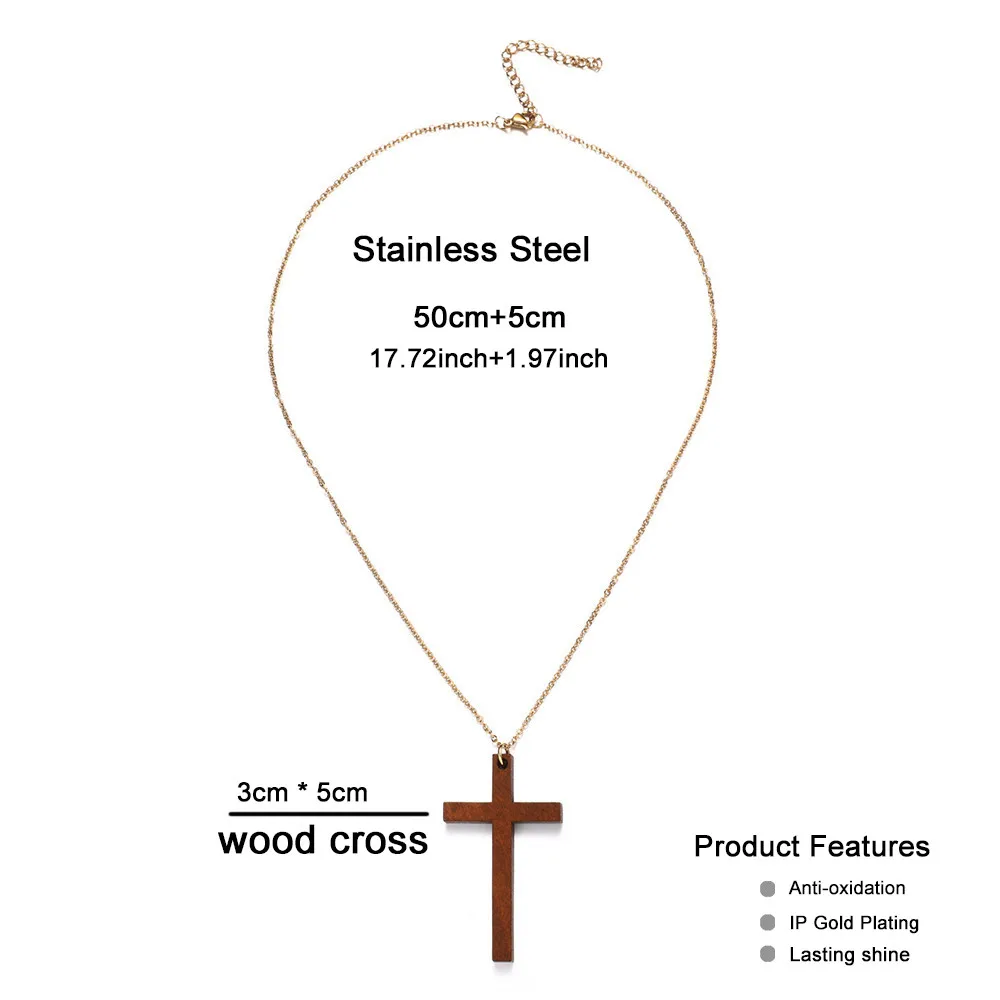 MisenBaBa Vintage Stainless Steel Wooden Cross Pendant Necklace for Women Fashion Wood Necklaces Religious Catholic Jewelry