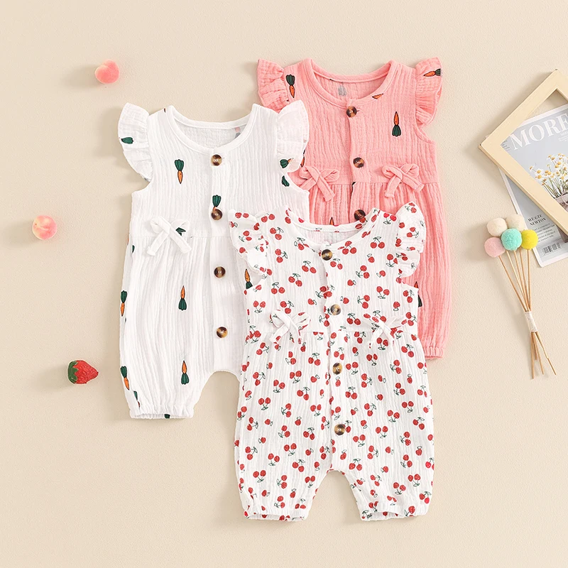 

2024-04-01 Lioraitiin 0-24M Newborn Baby Girl Casual Jumpsuit Summer Cherry/Carrot Print Button Romper Pants Cute Clothes