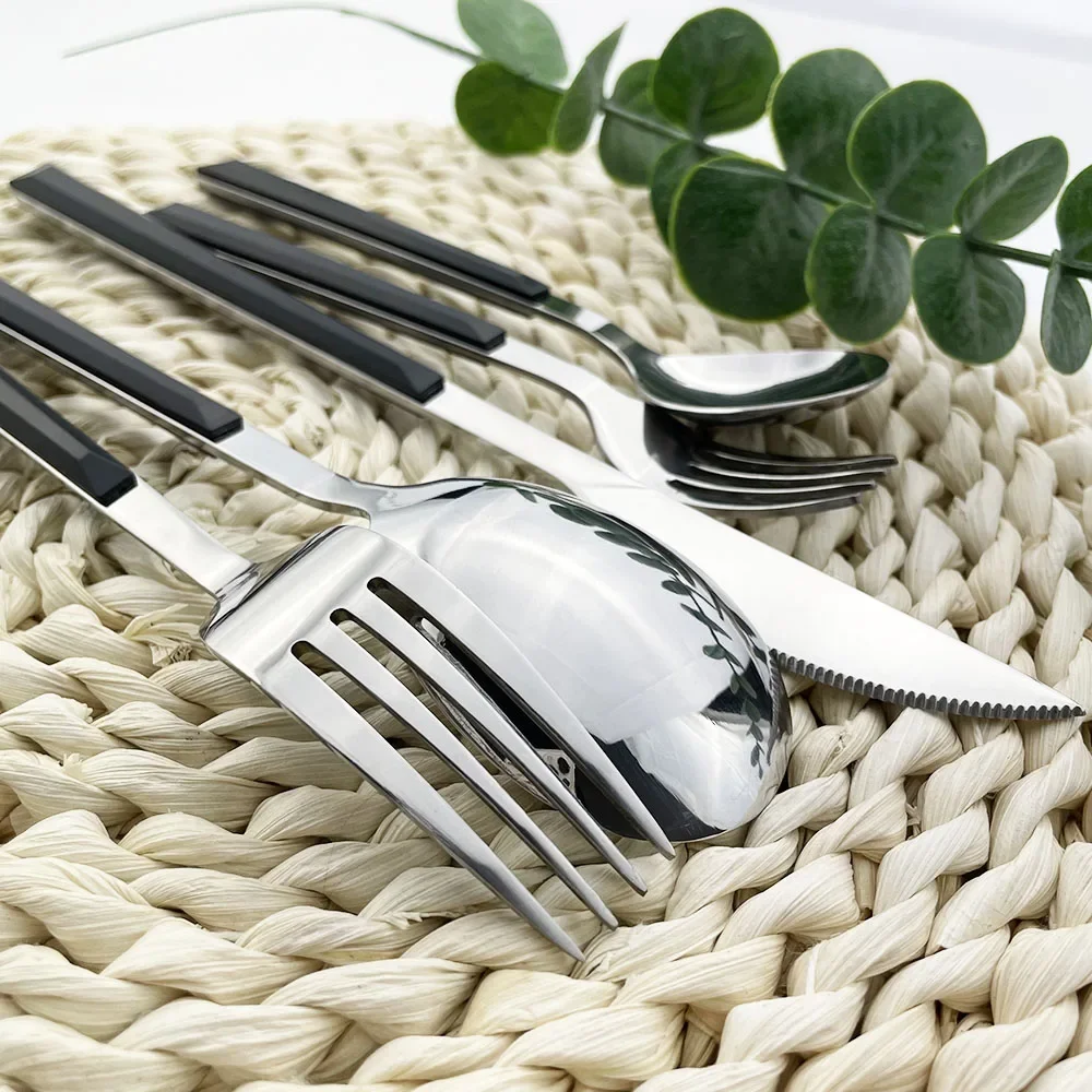 16Pcs Stainless Steel Cutlery Set Imitation Wooden Handle Western Tableware Brown Silver Knife Fork Spoon Kitchen Dinnerware Set