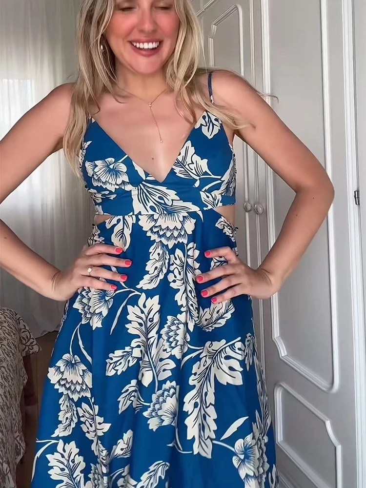 TFMLN Women's Print Dresses Summer New Sexy Waist Cut Out Long Dress Casual Fashion Holiday Style Beach Lady A Line Dress - view 2