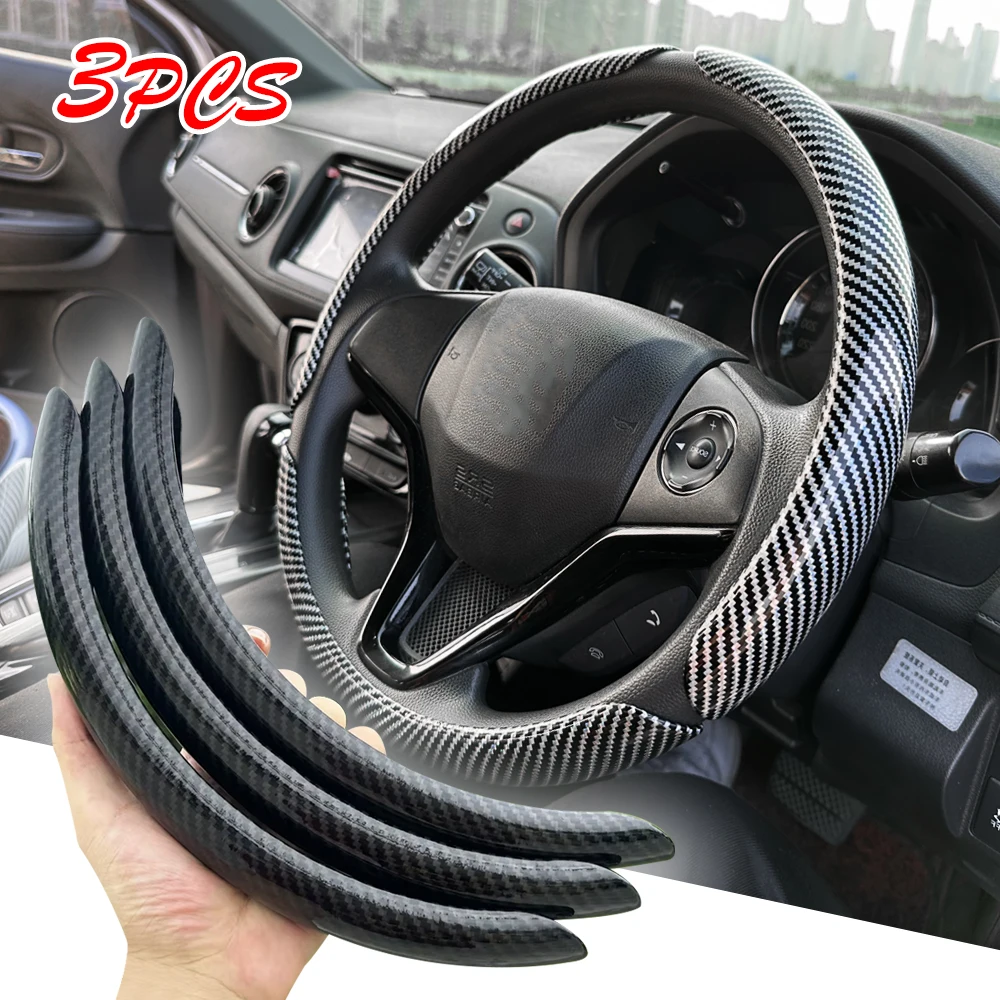 3PCS Car Steering Wheel Cover Warm Winter 38cm Round Steery Wheel Universa Glossy Laser Carbon Fiber Auto Interior Accessories