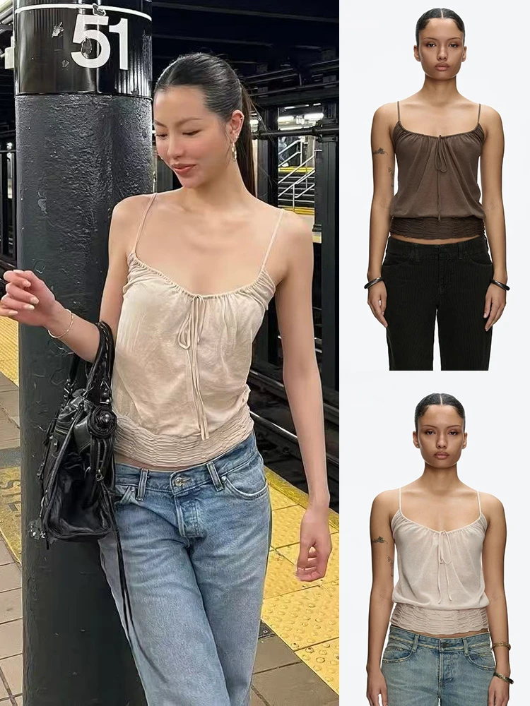Tankair Light Brown Knitted Thin Strap Vest Dstring Pleated Design Super Thin See tough Cotton Polyester Blend Women's Top