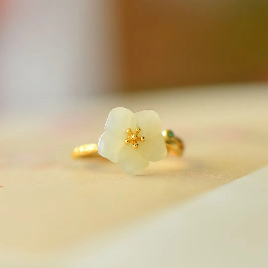 Certified 925 Sterling Silver Natural Hetian Jade Dahlia Ring Elegant Five-Petal Flower Finger Band Jewelry For Anniversary Gift