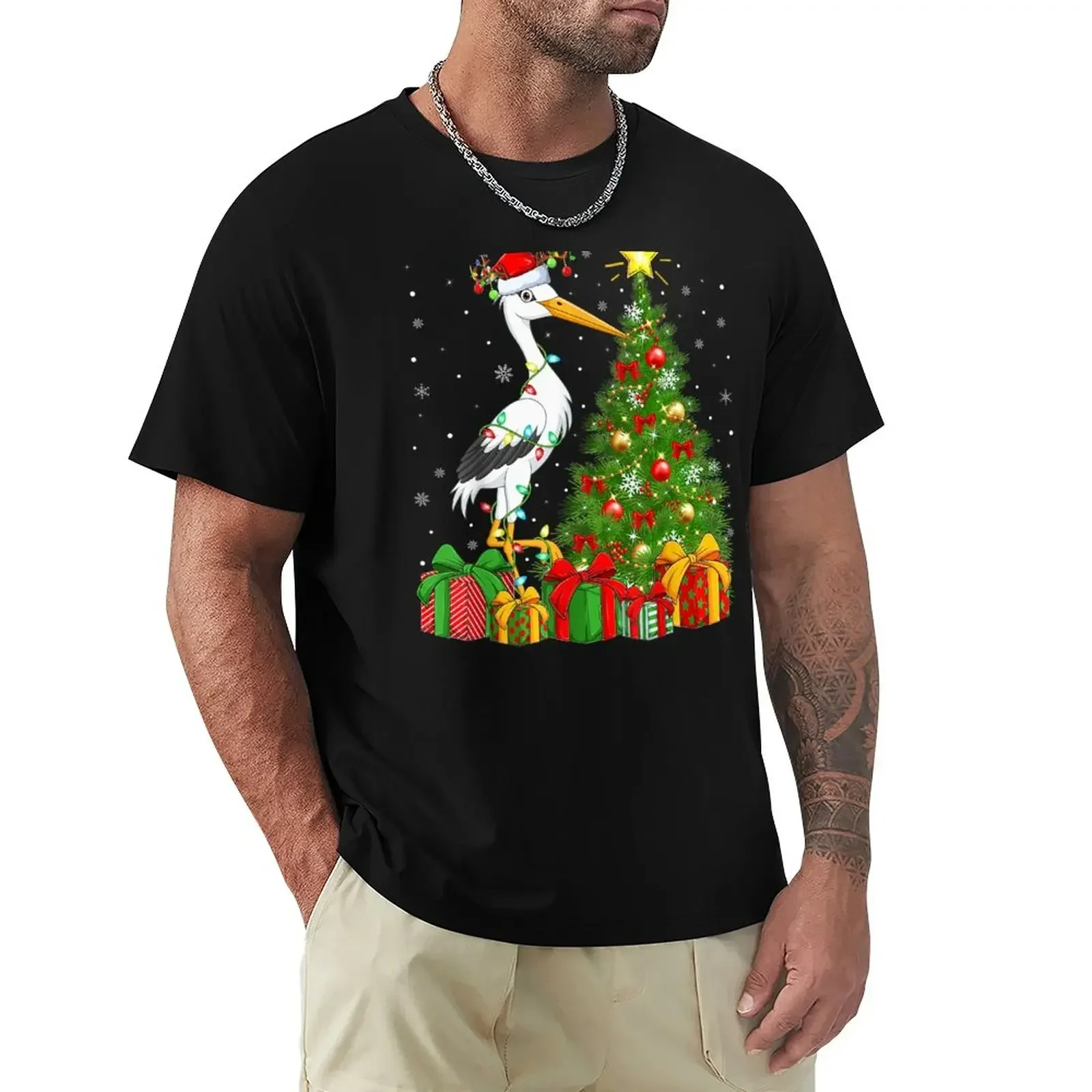 Stork Bird Lover Xmas Holiday Santa Stork Christmas Tree Shirt Summer fashion New Arrival Cotton Short Sleeve heavyweight Round