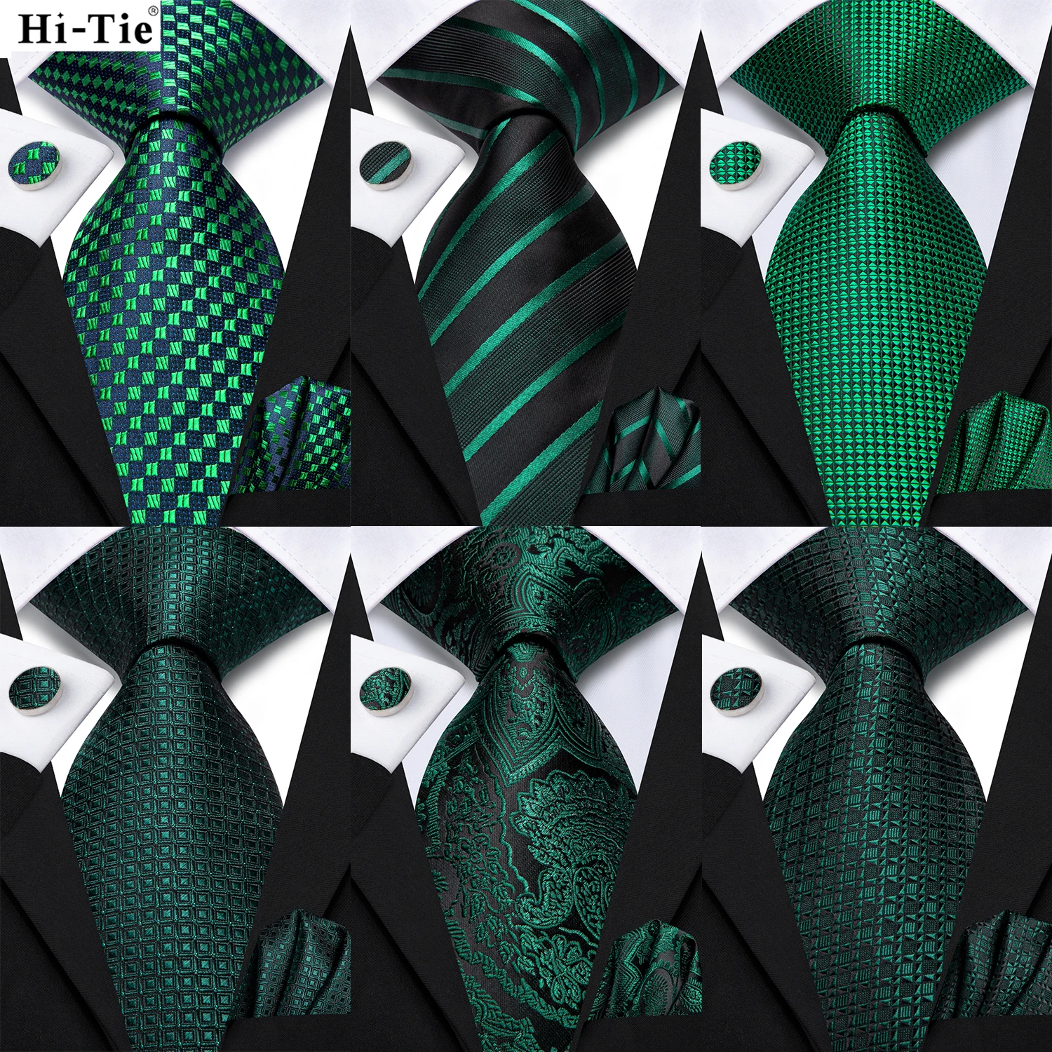 Hi-Tie Dark Green Floral Paisley Silk Wedding Tie For Men Handky Cufflink Gift Men Elegant Necktie Fashion Business Party