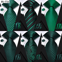 Hi-Tie Mens Dark Green Tie Striped Paisley Silk Wedding Necktie Pocket Square Set Party Business Fashion Designer Dropshipping